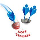 Text: "SOFT TOUCH". Drei Pfeile mit blauen Kunststofffedern, der vordere mit grauroter Gummikappe bewegt sich schnell.
