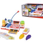 Spielzeugkasse mit Display "TOTAL", Geldscheinen, Münzen, Spielzeugen: Scanner, Obst, Kartenlesegerät "E-CASH". Verpackung.