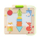 Text: "HABA". 
Bunte Holzspieltafel mit Tierillustrationen und Formen zum Verschieben. Enthält Fuchs, Katze, Igel und Frosch.