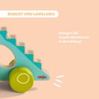 „ROBUST UND LANGLEBIG“, „Bringen Sie Urzeit-Abenteuer in den Alltag!“ Ein hölzernes Spielzeug in Form eines Dinosauriers.