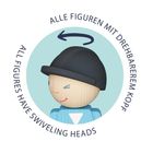 „ALLE FIGUREN MIT DREHBAREM KOPF“ steht um eine Illustration einer Holzfigur mit Helm und blauem Oberteil.