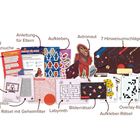 Texte: Einladung zur Schatzsuche, Anleitung für Eltern, Aufkleber, Astronaut, 7 Hinweisumschläge. Bunte Spielmaterialien.