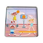 Illustration: Ein Mädchen mit Basketballtrikot springt; ein Junge hebt Gewichte; ein Mädchen in Turnkleidung schwingt ein Band.