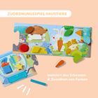 „ZUORDNUNGSSPIEL HAUSTIERE“ und „trainiert das Erkennen & Zuordnen von Farben“. Illustration eines farbenfrohen Puzzles mit Tieren.