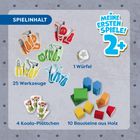 "SPIELINHALT", "Meine ersten Spiele! 2+", "25 Werkzeuge", "1 Würfel", "4 Koala-Plättchen", "10 Bausteine aus Holz". Bunte Spielzeuge.