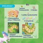 "SPIELINHALT: 1 grüner Punktwürfel, 2 Hürden, 1 weißer Symbolwürfel, 4 Holzpferde, 4 Sammelpläne, 1 Koppel, 1 Spielplan." Ein Cartoon-Pony ist unten links abgebildet.