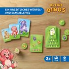 "Kleine Dinos", ein Würfel- und Sammelspiel. Karten mit bunten Dinos und Symbolen, darunter ein lachendes Dino-Baby.