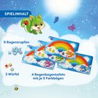 Text: "SPIELINHALT, 9 Regentropfen, 3 Würfel, 4 Regenbogentafeln mit je 5 Farbbögen." Illustration mit niedlichem grünen Tier.