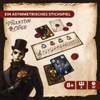 „Ein asymmetrisches Stichspiel“. Illustration eines maskierten Mannes mit Rose, Spielkarten, Versiegelte Umschläge. Ab 8 Jahren.