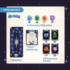 "SPIELINHALT: 4 Planeten-Plättchen, 1 Spielanleitung, 28 Planetenkarten, 1 Spielplan. Logo von Orbita."