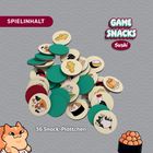 „SPIELINHALT“, „GAME SNACKS Sushi“, „36 Snack-Plättchen“. Plättchen mit Illustrationen von Sushi und Katzen.
