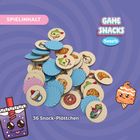 Spielinhalt: 36 Snack-Plättchen. Abgebildet sind bunte, lächelnde Snacks und ein Getränk mit einem Gesicht auf lila Hintergrund.