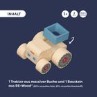 1 Traktor aus Buche und 1 Baustein aus RE-Wood. Holzspielzeug mit blauem Baustein und runden Rädern, Marke Haba.