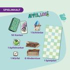 "SPIELINHALT" zeigt: 50 Karten, 1 Schnecke, 1 Apfelmarker, 1 Würfel, 6 Hindernisse, 1 Spielplan mit Illustration.