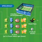 SPIELINHALT: 1 Stadion, 1 Rabe Theo, 12 Tiere (je 3 x Frosch, Maus, Igel, Katze), 1 Fußball-Würfel.