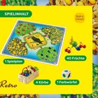 Text: "SPIELINHALT", "Made in Germany", "1 Spielplan", "40 Früchte", "4 Körbe", "1 Farbwürfel". Spielplan und Spielteile dargestellt.