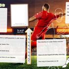 Oben: "DAS BIN ICH:". Felder für Name, Wohnort, Geburtstag. Rechts: Fußballspieler in rotem Trikot.