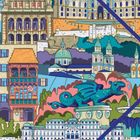 „myNOTES“ rechts oben. Buntes Stadtmotiv mit illustrierten Gebäuden, Kuppeln und einem Drachenbrunnen.