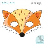 Es steht "Schlauer Fuchs". Eine Illustration eines Fuchs-Gesichts als Maske mit Bastelanleitungssymbolen.
