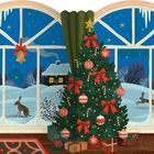 Adventskalender mit Zahlen: 2, 4, 6, 8, 10, 12, 13, 15, 17, 24. Weihnachtlich dekoriertes Wohnzimmerfenster mit Schnee und Tieren.