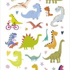 Illustration von bunten Dinosauriern in fröhlichen Posen, umgeben von Blumen und Herzen.