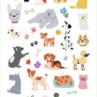 Zahlreiche cartoonartige Hunde in verschiedenen Posen und Farben, mit Blumen, Knochen und Pfotenabdrücken als Dekoration.