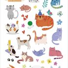 Illustration mit verschiedenen fröhlichen Katzen, Schmetterlingen, Blumen und Herzformen in bunten Farben.