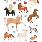 Illustration bunter Pferde mit Sternen, Blumen, Hufeisen und einem Apfel. Mädchen sitzt auf einem schwarzen Pony.