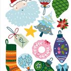 Verschiedene weihnachtliche Illustrationen: Santa mit Bart, Kugeln, Socke, Baum, Geschenk, Stern und eine rote Blume.