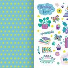 Links gelber Sternenmuster auf blauem Hintergrund, rechts Illustrationen mit Texten: "Reading Time", "Für dich", "Dieses Buch gehört", "Schlaf ist gut, Bücher sind besser".