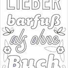 Text: "LIEBER barfuß als ohne Buch". Illustration von Füßen, Blumen und einem geöffneten Buch.