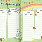 Geburtstagskalender mit Monatsnamen Januar bis Juni. Verspielte Einhorn-Illustrationen, Blumen und ein bunter Regenbogen.