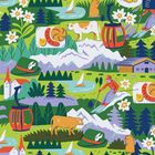 Der Text "my NOTES" steht senkrecht rechts. Illustration einer Berglandschaft mit Tieren, Skifahrer, Blumen und typischen Speisen.