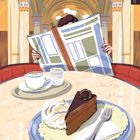 Text: "my NOTES" an der Seite. Illustration zeigt eine Person mit Zeitung in einem Café, Sahnetorte und Cappuccino vor gotischen Bögen.