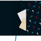 Rechts Fragezeichen in Blau, Rot, Weiß auf schwarzem Hintergrund. Weiße und beige Notizen ragen links heraus.