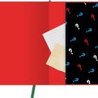 Linierte Notizblätter, rote Fläche, schwarze Fläche mit bunten Fragezeichen.