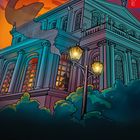 „Die drei ???“ in Weiß, Rot und Blau. Illustration eines abendlichen Gebäudes mit Statuen und Straßenlaternen.