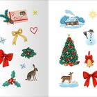 Illustration mit Weihnachtsmotiven: Schleifen, Kranz, Schneemann, Tannenbaum, Lebkuchenhaus, Schneeflocken, Tiere.