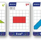 RAUTE 4 cm², GLEICHSCHENKLIGES DREIECK 6 cm², RECHTECK 8 cm², SECHSECK 11 cm², KREUZ 20 cm². Farbige Geometrieformen.