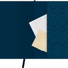 Notizbuch mit einem dunkelblauen Muster auf der rechten Seite, links linierte und beige Papiere.