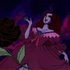 Eine Frau mit rotem Kleid und einer großen schwarzen Rose vor einem dunklen, wolkigen Hintergrund. Illustrationsdarstellung.