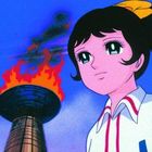 Keine erkennbaren Texte. Illustration: Mädchen mit großen Augen, brennende Flamme im Hintergrund auf einer hohen Struktur.