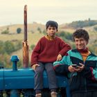 Zwei Jungen sitzen auf einem blauen Traktor, einer trägt einen roten Pullover, der andere eine bunte Jacke und hält ein Handy.