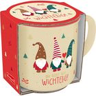 Text: "Du bist mir wichtelig!" Illustration: Drei Wichtel in bunten Mützen, einer hält ein Herz. Weihnachtsmotive sind um sie herum.