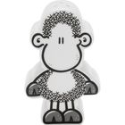 Eine schlichte, schwarz-weiße Illustration eines stilisierten Schafs mit großen Ohren und flauschigem Fell.