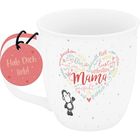 Auf einer Tasse steht im Herz-Design: "Mama, wunderbar, klug, mutig, toll, liebevoll." Anhänger: "Hab Dich lieb!" Ein Schaf ist unten links.