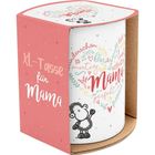 Aufdruck: "XL-Tasse für Mama". Worte wie "wunderschön", "mutig", "perfekt" umgeben das Wort "Mama". Illustration eines Schafs.