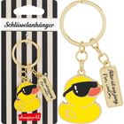 Text: „Schlüsselanhänger“, „Älter ist wie jung, nur cooler“. Gelber Enten-Schlüsselanhänger mit Sonnenbrille.