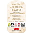 "Knuffel-Knautschis BELLONI. Superpower: Heart Protector. Favorite Color: Ocean Blue. Favorite Food: Puppy Treats." Unten sind vier bunte Figuren und ein QR-Code.