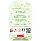 Text: Knuffel-Knautschis, Rexilo, Superpower: Dino Strength, Favorite Color: Jungle Green, Favorite Food: Leaf Snacks.  
Beschreibung: Hellgrüne, herzverzierte Karte mit Kuscheltierabbildungen.
